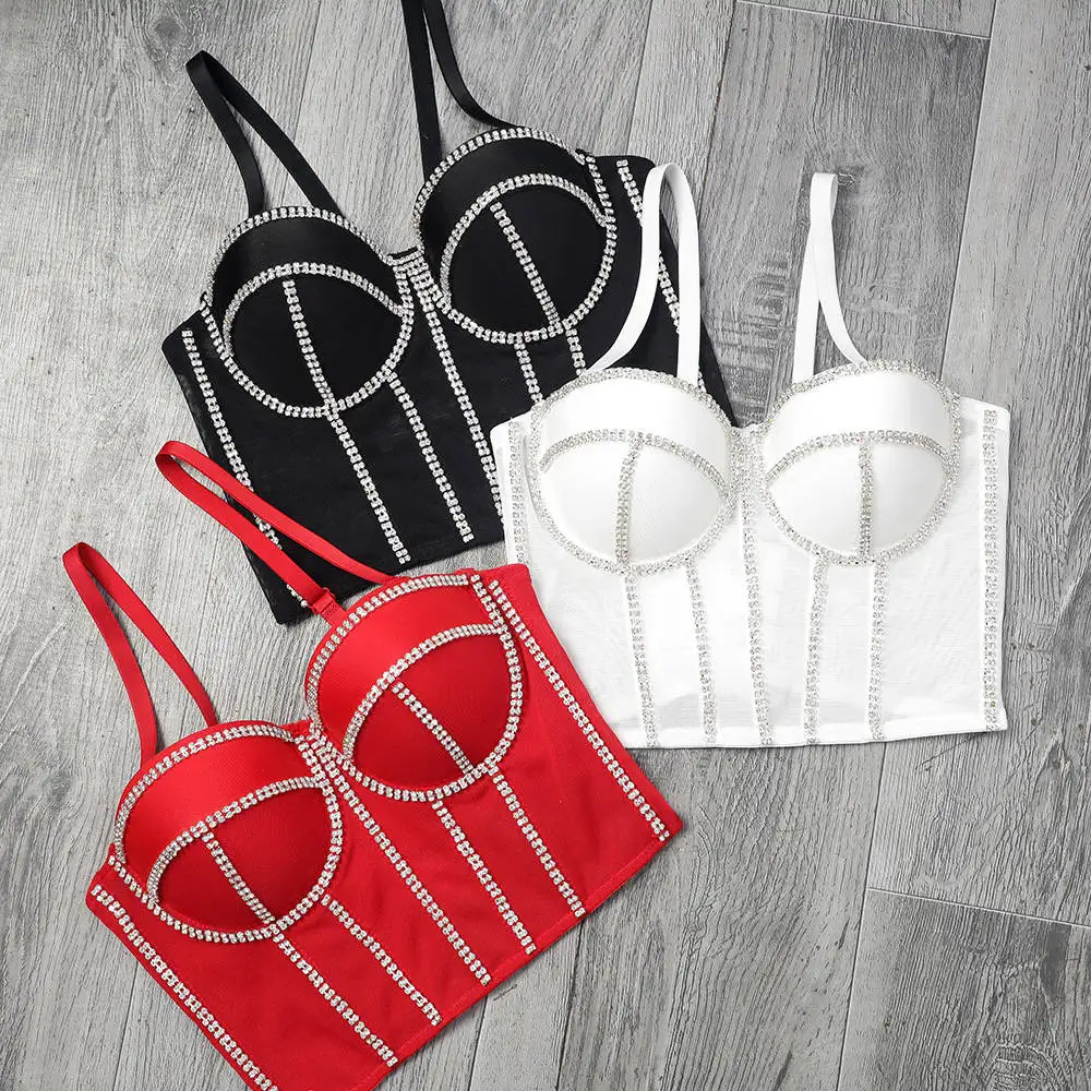 Französisch Styl Fisch Knochen Camisoles Bh Korsett Glänzende Perlen Tank Top Party Nachtclub Streetwear Lingerie-Look Bühne Kostüme Image