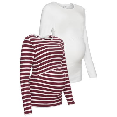 Umstandsshirt NEUN MONATE "2er Pack Shirts für Schwangerschaft und Stillzeit", Damen, Gr. 36/38, rot (weiß, bordeaux geringelt), Jersey, Obermaterial: 95% Baumwolle, 5% Elasthan, unifarben, geringelt, Basic, figurbetont hüftlang, Rundhals, Langarm...