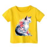 XYIJANI Tshirts Girls Summer Loose Casual Trendy Cute Cat Printed Short Sleeve T Shirt Top Tops (Yellow 130)