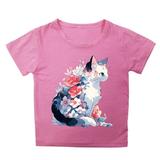 XYIJANI Blouses Girls Summer Loose Casual Trendy Cute Cat Printed Short Sleeve T Shirt Top Tops (Pink 110)