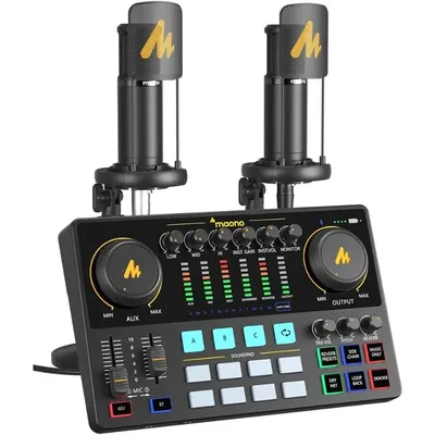 MAONO - MaonoCaster - Podcasting Equipment Bundle for 2 includes all-in-one audio interface with