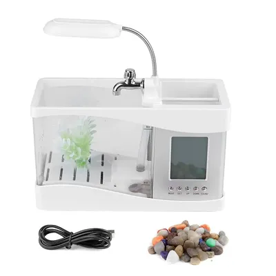 Multifunctional USB Mini Aquarium with Clock & LED Light - Perfect Desk Decor for Home & Office