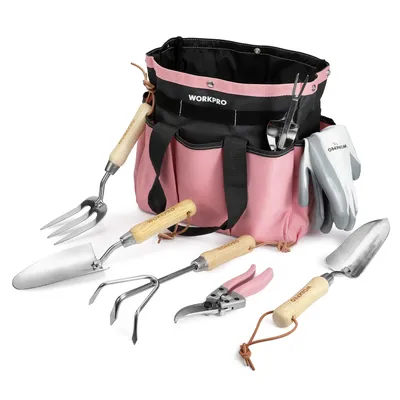 WORKPRO 8-Piece Pink Garden Tool Set, Stainless Steel Gardening Tools with Wood Handle, Including