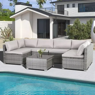 7 Pieces Patio Furniture Set, Modular Patio Set Wicker Outdoor Sectional Sofa Set PE Rattan Wicker