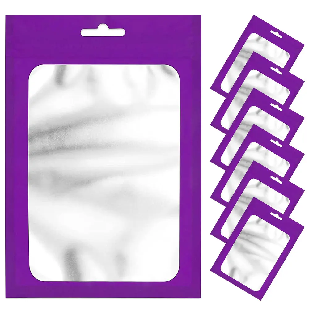 Sacchetti in lamina viola da 50 pezzi sacchetti con cerniera con finestra trasparente per confezioni di espositori per gioielli sacchetti in Mylar riutilizzabili autosigillanti