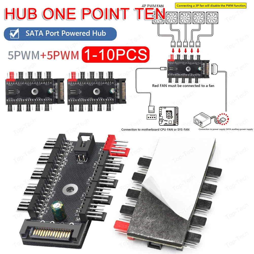 4-poliges PWM-Lüfter-Strom versorgungs kabel 1 bis 10-Wege-Splitter-Hub Sata-betriebener 4-poliger PWM-Lüfter-Hub-Kühler-Kühl adapter für PC-Computer Image