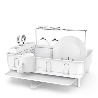 Steel Frame Kitchen Dish Drying Rack with Swivel Spout Drain - White