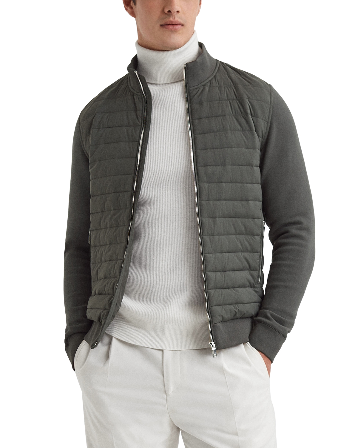 Reiss Freddie Cotton Blend Interlock Quilted Full Zip Jacket - Sage
