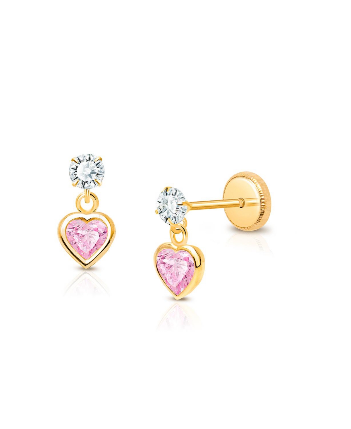 Tiny Blessings Girls' 14K Gold Fearless Heart Pink & Clear Drop Screw Back Earrings - Little Kid, Big Kid - K Yellow Gold