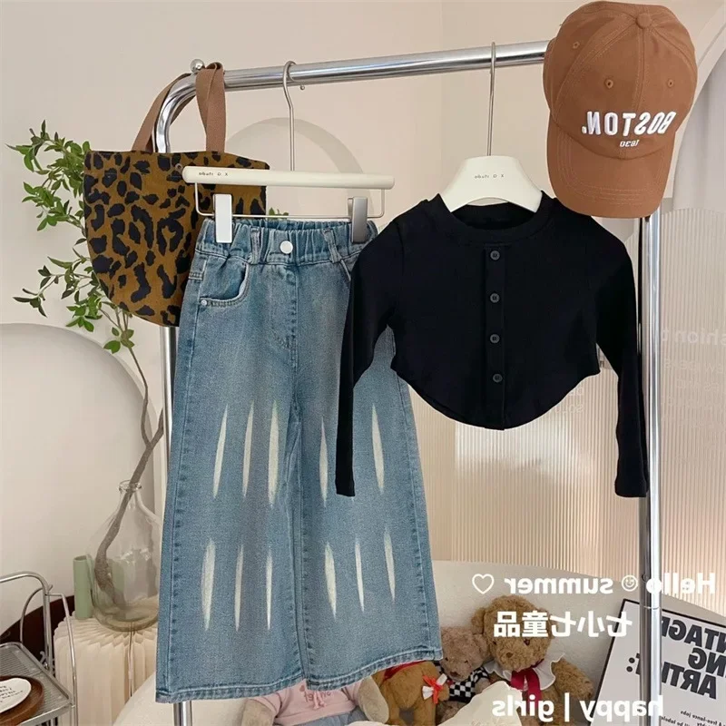 Kinderkleidungssets Langarm Strickoberteil + Denim-Hosen mit weitem Bein 2-teiliges Set Mädchenkleidung 2 bis 7 Jahre Kinder-Boutique-Kleidung Image