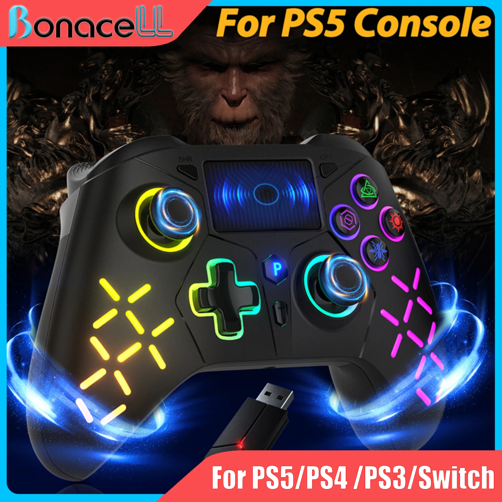 Controller für PS5/PS4/PS3/Steam/PC RGB Kabelloser Joystick mit Hall-Linear-Trigger, Gamepad mit Turbo-Funktion und Dual-Vibration, Spiel-Fernbedienung