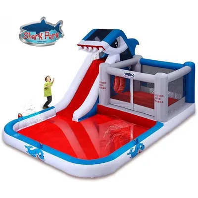 Shark Park 19x11 Inflatable Water Park Bouncer Blower Climbing Wall Slide - Splash Area - Huge