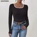 2024 Autumn Women Ribbed Shirt Front Crew Neck T-Shirt Long Sleeves Korean Y2k Style Top Slim Fit