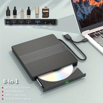 TEMU 8-in-1 Portable External Dvd Drive, Usb 3.0 & Type-c Cd/vcd/dvd Burner And Reader, Slim Optical Disk Drive For Laptop Pc , Compatible With Windows/linux/ Os, Sd/tf Card Reader, 4 Usb Ports