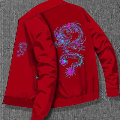 TEMU Artistic Colored Dragon Design Print Men's College Style Jacket, Versatile Casual Tops With Zipper And Pocket, Creative Clothing For Daily Wear, Best Fall & Winter Gift Choice