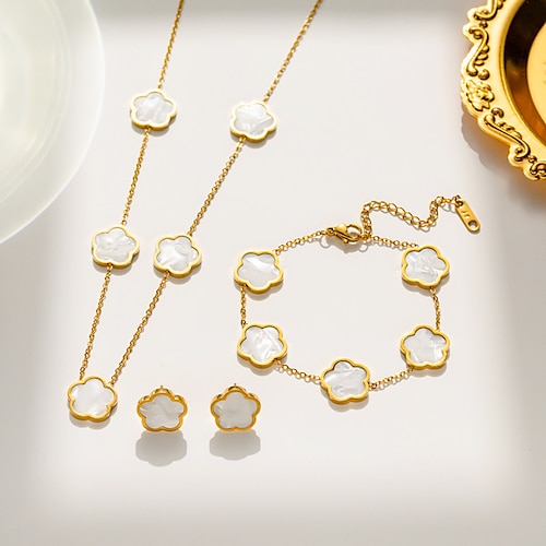 Vergoldetes Blumenschmuckset für Damen mit Perlmutt – elegante Halskette, Armband und Ohrringe für Damen Image