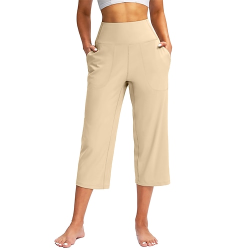 Damen Weites Bein Chinos Klassicher Stil Wadenlang Hohe Taille Einfach Tasche Bequem Weich Mikroelastisch Lässig Yoga Schwarz Weiß Aprikose Kaffee Frühling Herbst Normale Passform Image