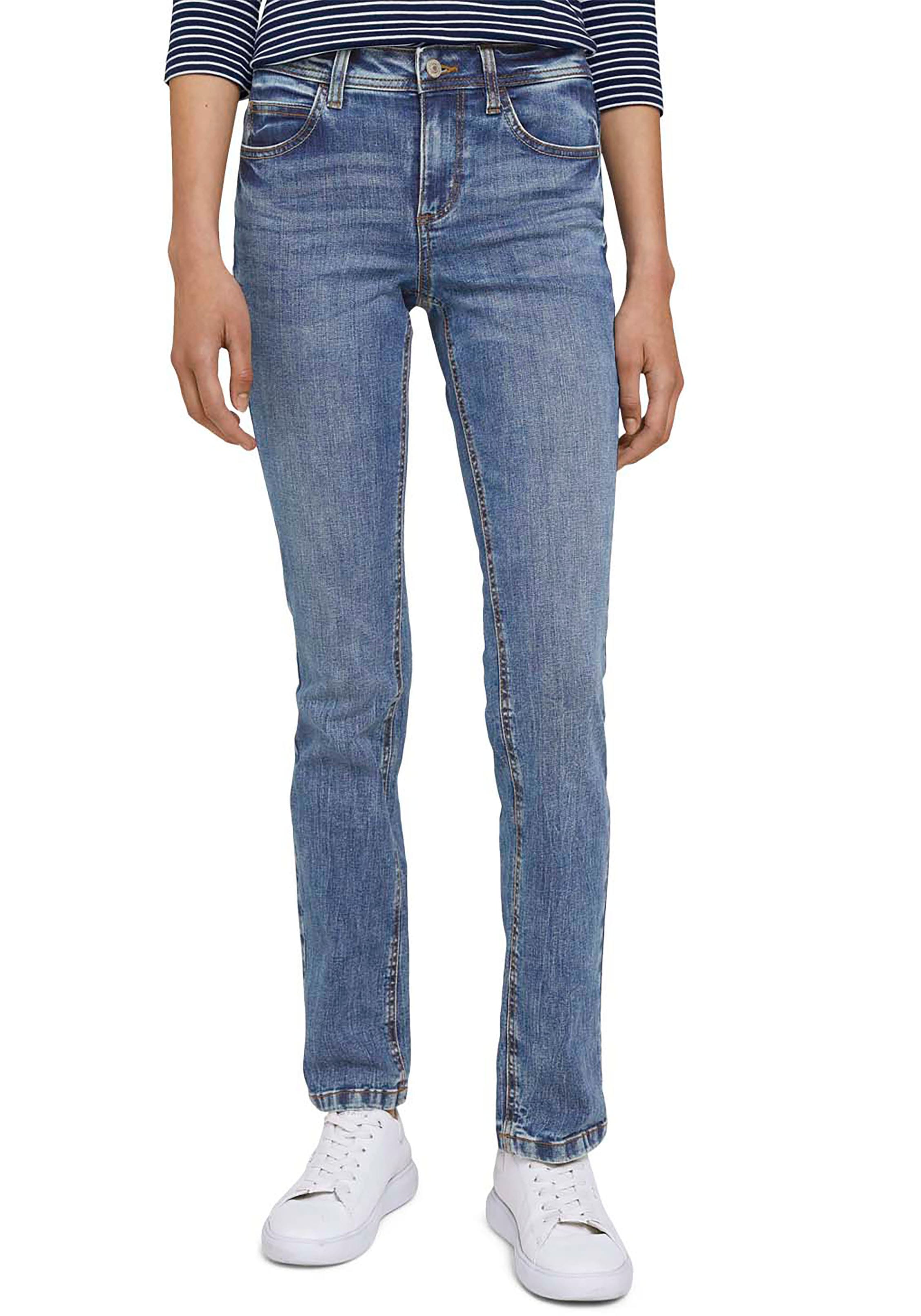 Straight-Jeans TOM TAILOR "Alexa Straight", Damen, Gr. 26, Länge 32, blau (random bleached blau), Denim/Jeans, Obermaterial: 98% Baumwolle, 2% Elasthan, unifarben, gerade lang, Jeans Straight-Jeans, in 5-Pocket-Form