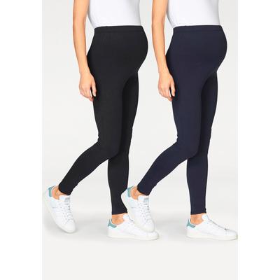 Umstandshose NEUN MONATE "2 Stück Umstands-Hosen für Schwangerschaft und Stillzeit", Damen, Gr. 44/46, N-Gr, schwarz (marine, schwarz), Jersey, Obermaterial: 95% Baumwolle, 5% Elasthan, unifarben, Basic, figurbetont 7/8-Länge, Hosen, 2er Pack... Image