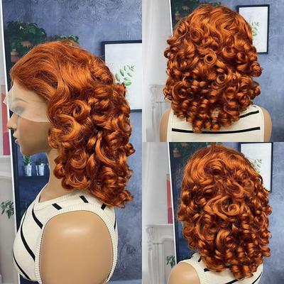 Remy Human Hair 13x4 Lace Front Wig Side Part Middle Part Free Part Brazilian Hair Curly Natural Wave Orange Wig 130% 150% 180% Density with Baby Hair Highlighted