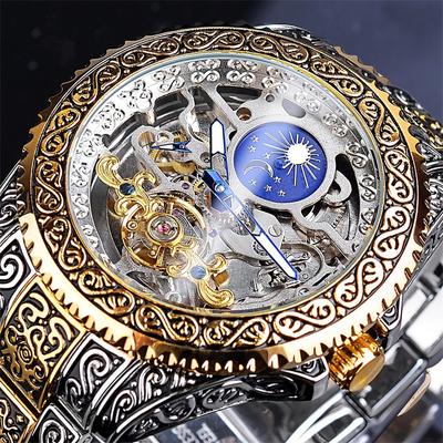 FORSINING Men Mechanical Watch Retro Vintage Luxury Large Dial Fashion Hollow Skeleton Automatic Self-winding Moon phase Luminous Stainless Steel Strap Watch