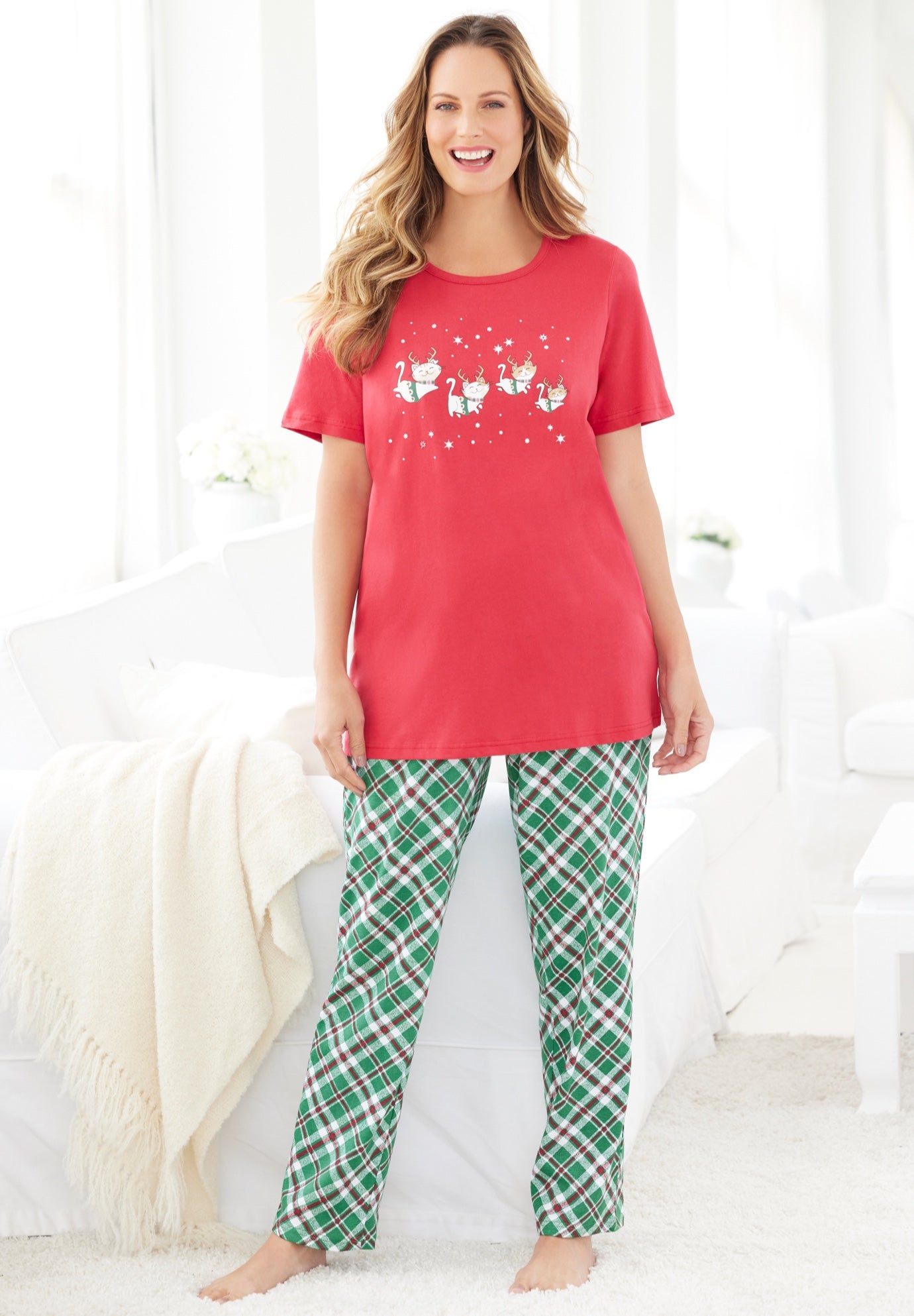 Plus Size Women's Graphic Tee PJ Set by Dreams & Co. in Classic Red Reindeer Cat (Size L) Pajamas