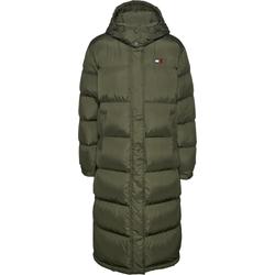 Steppmantel TOMMY JEANS "TJW ALASKA LONG PUFFER EXT", Damen, Gr. M (38), grün (fatigue grün), Web, Obermaterial: 100% Polyester. Futter: 100% Polyester, unifarben, casual, normal kniebedeckend, Langarm Bündchen mit Klettverschluss, Mäntel, mit...
