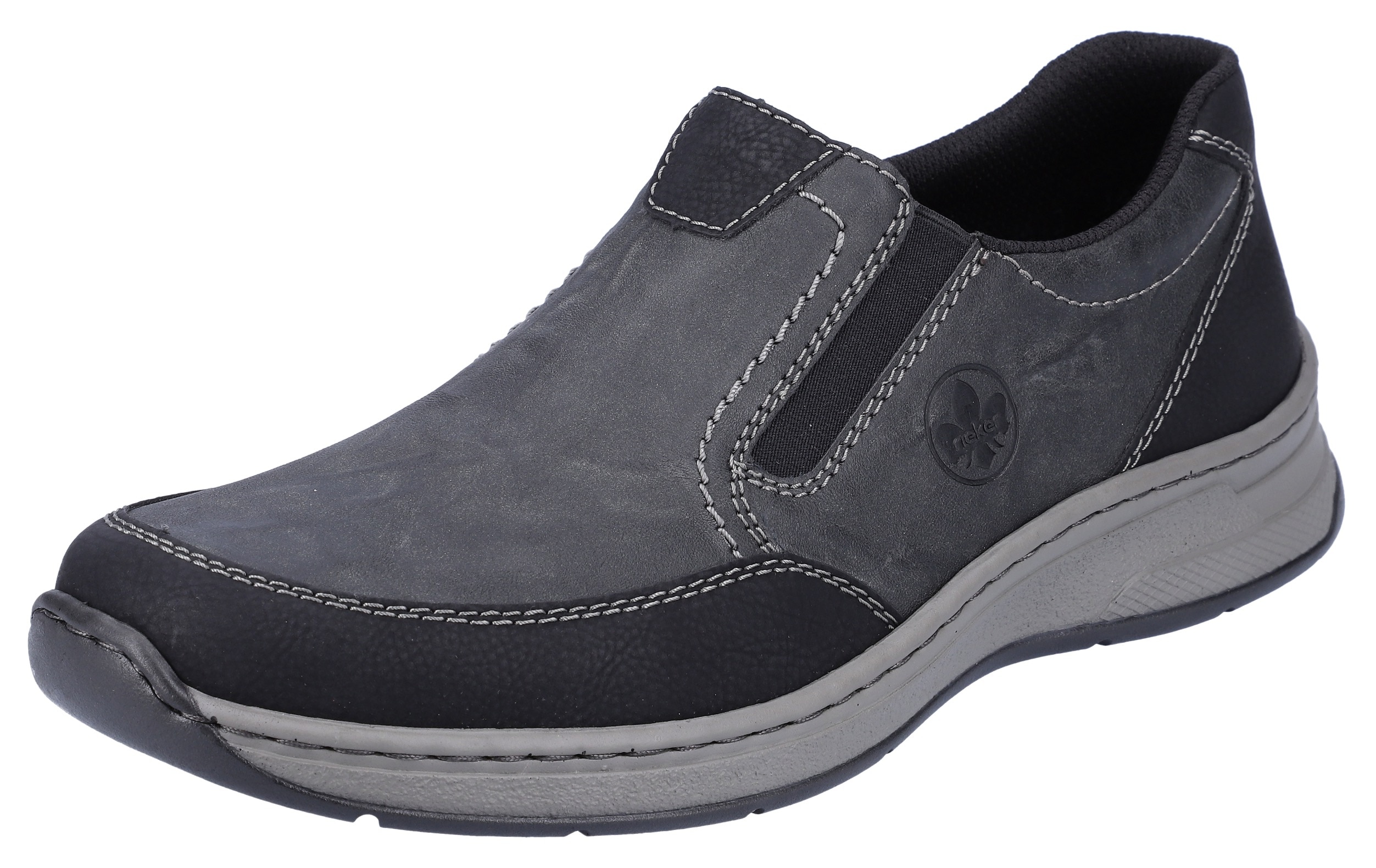 Slipper RIEKER, Herren, Gr. 41, grau (grau, kombiniert), Synthetik, Schuhe Slipper, Schlupfschuh, Halbschuh mit Stretcheinsätze