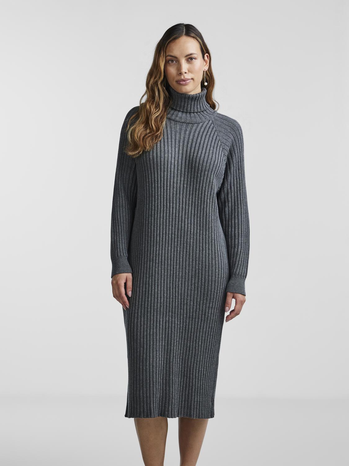 Strickkleid Y.A.S "YASMAVI KNIT MIDI ROLLNECK DRESS", Damen, Gr. S, N-Gr, grau (medium grau melange), Rippstrick, Obermaterial: 50% Baumwolle, 50% Polyacryl, meliert, regular fit kniebedeckend, Kleider Strickkleid