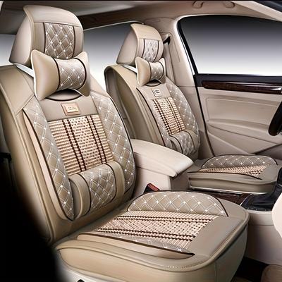 TEMU Pu Leather Car Seat Cushion With Ice Fabric - Breathable, Non-slip, Comfortable Cars - Beige Diamond Stitching, High Elastic Sponge, & Clean Image