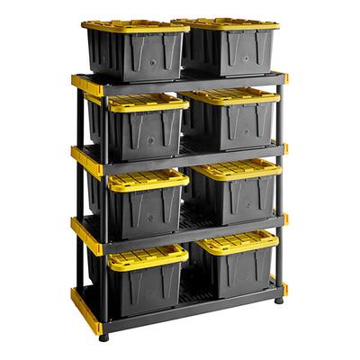 Tough Shelf 48" x 20" x 55 1/4" Black / Yellow Plastic Grid Top 4-Shelf System with 8 Tough Box 17 Gallon Black Storage Totes with Yellow Lids