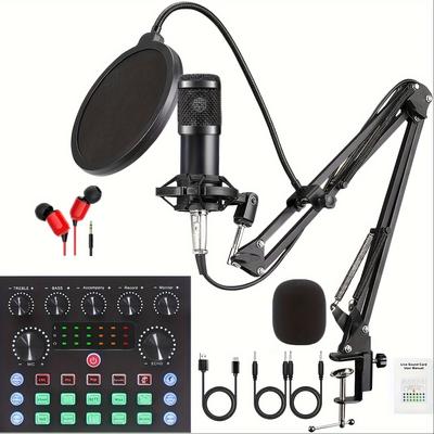 TEMU Podcast Equipment Bundle, Audio Interface With All In 1 Live Sound Card And Bm-800 , Recording, Singing, Live Streaming