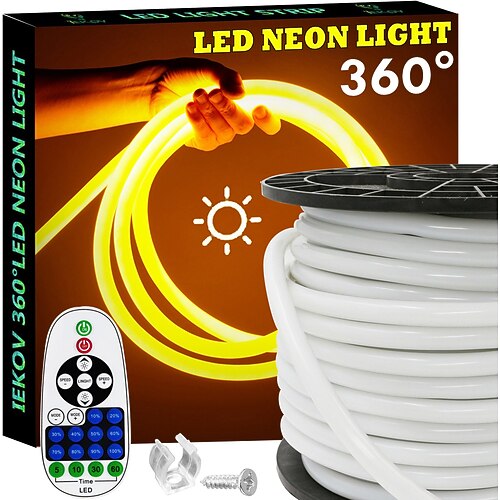 Wasserdichte LED-Lichtstreifen, 360°, rund, Neonlicht, 5–30 m/16–100 Fuß, flexibles und dimmbares LED-Lichterseil mit Fernbedienung, Multimodus-Idee, AC220 V, EU-UK-AU-Stecker Image
