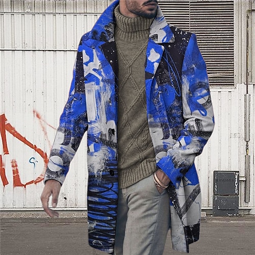 Herren Grafikdrucke Graffiti Wintermantel Mantel Warm Bequem Atmungsaktiv Mode Streetwear Geschäftlich Arbeit Büro-Outfit Ausgehen Tasche Druck Herbst Winter Umlegekragen Langarm Rote Blau Purpur Image