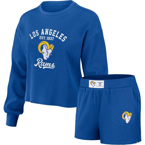 Women's WEAR by Erin Andrews Royal Los Angeles Rams Lounge-Set aus Waffelstrick mit langärmeligem T-Shirt und Shorts