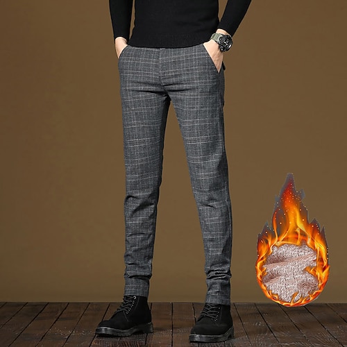 Herren Fleecehosen Winterhose Hose Hosen Chinesisch Chino Karierte Anzughose Tasche Elastische Taille Plaid Komfort Atmungsaktiv Täglich Festtage Ausgehen Strassenmode Klassicher Stil Schwarz Blau Image