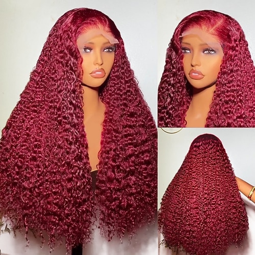 Remy Menschenhaar 5x5 Verschluss 13x6 Verschluss Perücke Seitenteil Mittelteil Freier Teil Brasilianisches Haar Wogende Wellen Burgund Perücke 130% 150% 180% Haardichte mit Babyhaar Natürlicher