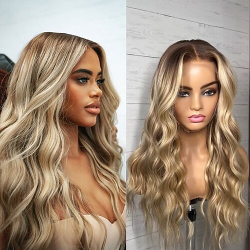 Remy Menschenhaar 13x4 Spitzenfront Perücke Stufenhaarschnitt Brasilianisches Haar Wellen Blond Perücke 130% 150% Haardichte Gefärbte Haarspitzen (Ombré Hair) Strähnchen / Balayage-Technik Image