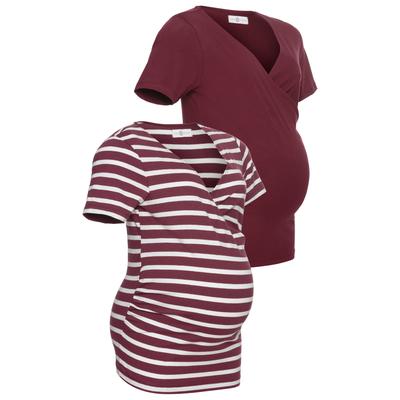 Umstandsshirt NEUN MONATE "2er Pack T-Shirts für Schwangerschaft und Stillzeit", Damen, Gr. 44/46, rot (bordeaux, bordeaux, gestreift), Jersey, Obermaterial: 95% Baumwolle, 5% Elasthan, unifarben, geringelt, modisch, Basic, V-Ausschnitt, Kurzarm,...