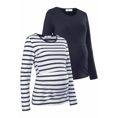 Umstandsshirt NEUN MONATE "2er Pack Shirts für Schwangerschaft und Stillzeit", Damen, Gr. 40/42, blau (blau, weiß, geringelt), Jersey, Obermaterial: 95% Baumwolle, 5% Elasthan, unifarben, geringelt, Basic, figurbetont hüftlang, Rundhals, Langarm... Image