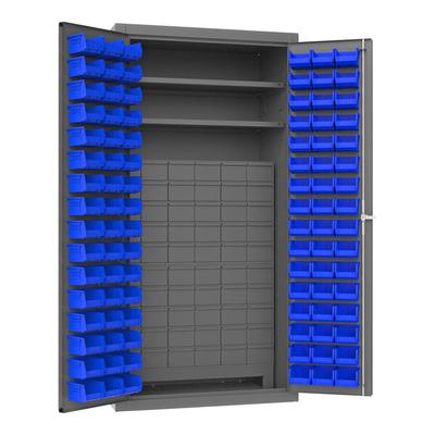 Durham Mfg 36" x 24" x 72" 14 Gauge Steel 2-Shelf Storage Cabinet with 96 Blue Bins and 60 Drawers 3501-DLP-60DR11-96-2S5295