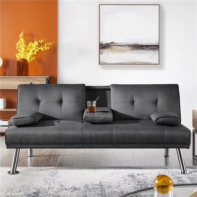 TEMU Sofa Bed Fabric Upholstered Convertible Futon Sofa Bed With Drop-down Platform, Cup Holders And Throw Pillows