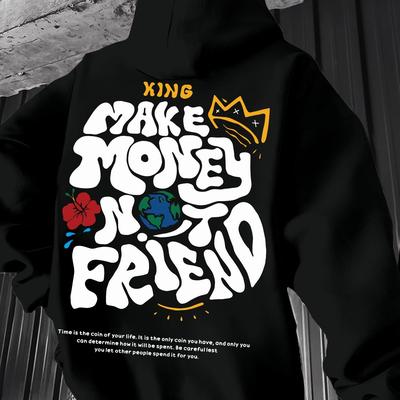 "TEMU Men's Casual Hoodie, Spring/autumn Fashion, Geometric Pattern, Knit Fabric, Regular Fit, Polyester, Stretchy, Crew Neck, "make Money Not Friend" Graphic Tee" Image