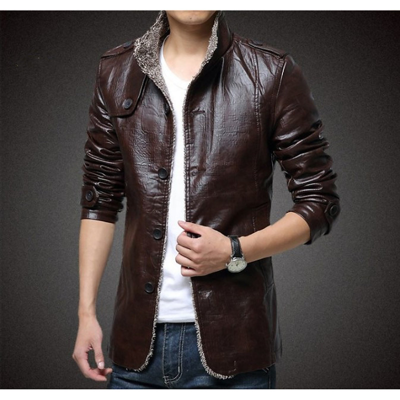 Men's Leather Jacket Peacoat Vintage Leather Jacket Brown Suede Jacket Motorcycle Daily Wear Thermal Warm Fall Winter Solid Color Chic Modern Long Faux Fur Faux Leather Dark Gray Brown khaki Jacket