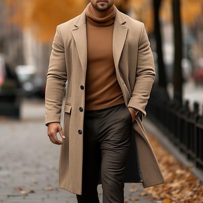 Men's Winter Coat Overcoat Trench Coat Outdoor Daily Wear Fall Winter Polyester Warm Outerwear Clothing Apparel Fashion Streetwear Plain Pocket Turndown Single Breasted