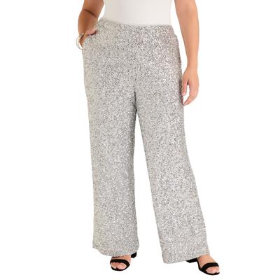 Plus Size Women's Curvie Fit Sequin Wide-Leg Pants by June+Vie in Silver (Size 30/32)