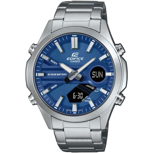 Chronograph CASIO EDIFICE Armbanduhren silberfarben (edelstahlfarben-blau, schwarz) Herren Quarzuhr, Armbanduhr, Herrenuhr, Edelstahlarmband, analog, digital