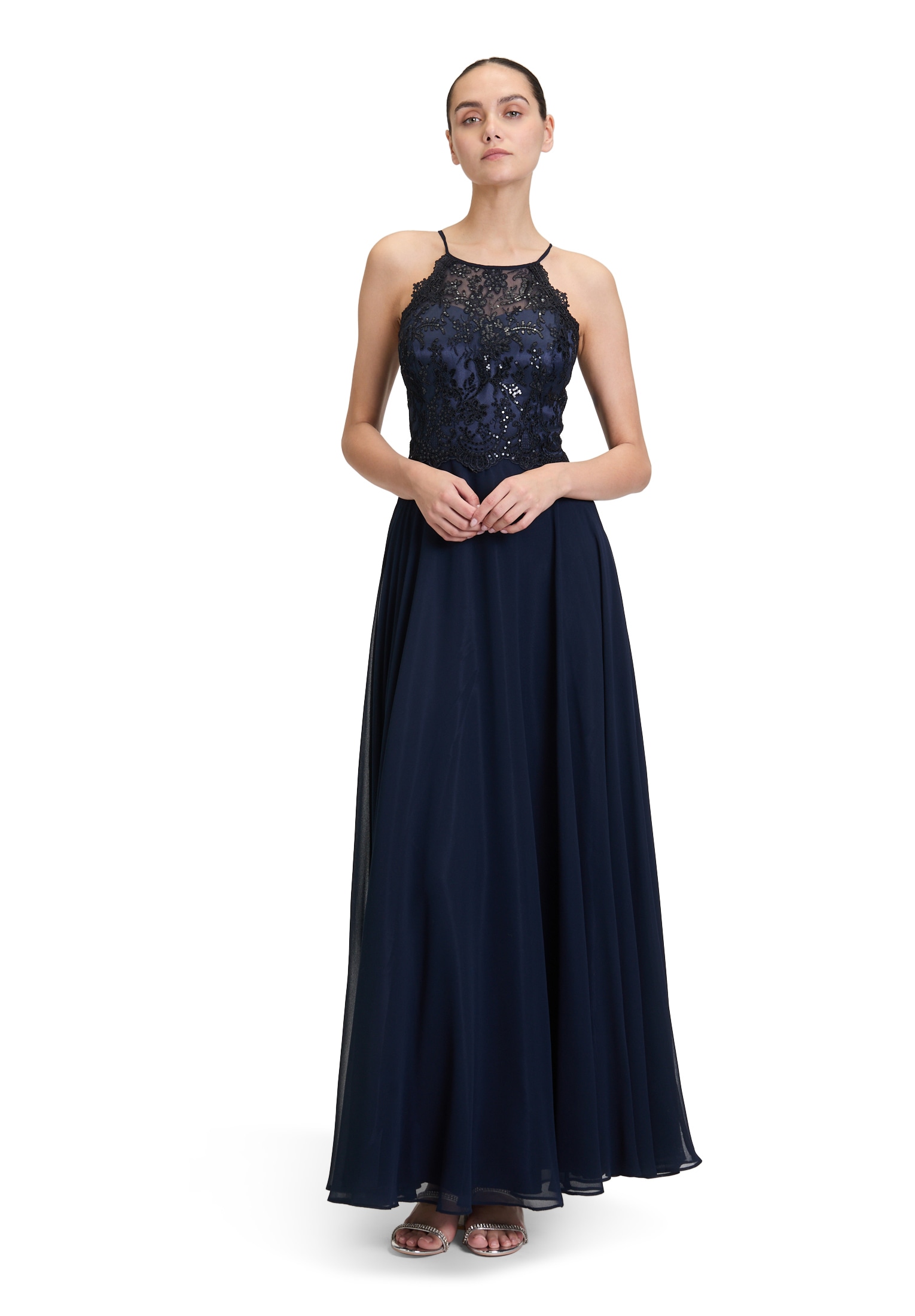 Abendkleid VERA MONT "Damen Abendkleid rückenfrei", Damen, Gr. 40, Normalgrößen, blau (night sky), Obermaterial: 100% Polyester. Besatz: 100% Polyamid. Futter: 100% Polyester., festlich, Basic schmal lang, Neckholder, Kleider, Spitze Image