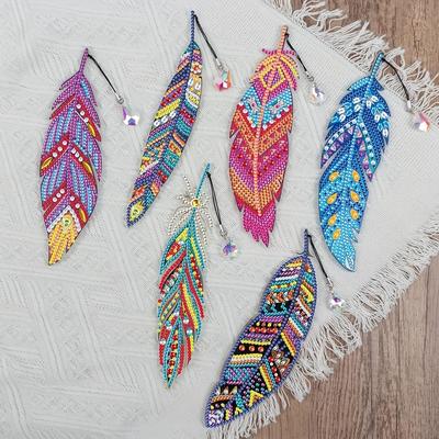 TEMU 6pcs Diy 5d Diamond Painting Feather Bookmarks Kit With Crystal Pendants - Acrylic, Irregular Shaped Diamonds - Beginners, Home Office & - Unique Christmas Gift Idea