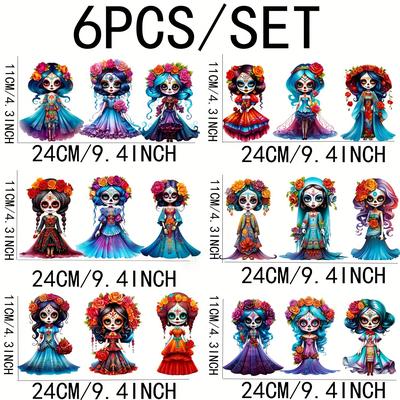 TEMU 6pcs Day Of The Dead Uv Dtf Sticker Set For Cups, Tumblers & Diy Crafts - Easy Apply, Durable Vinyl Decals